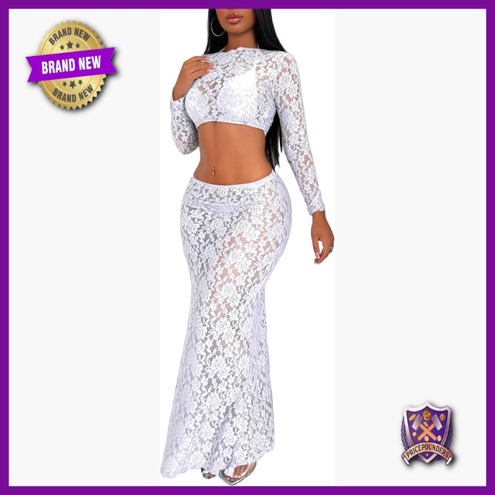 Mesh Lace Two-Piece Set, Fitted Long Sleeve Top & Shorts, Party Outfit